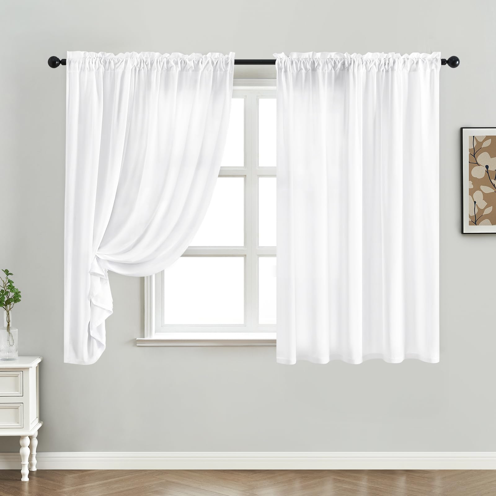Homeideas Non-See-Through White Privacy Sheer Curtains 52 X 54 Inches Long 2 Panels Sheer Curtains Light Filtering Window Curtains Drapes For Bedroom Living Room
